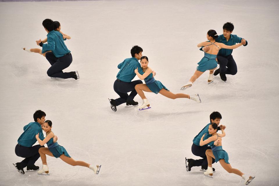 <p>A multiple exposure shows Japan’s Miu Suzaki and Japan’s Ryuichi Kihara competing in the pair skating short program of the figure skating event during the Pyeongchang 2018 Winter Olympic Games at the Gangneung Ice Arena in Gangneung on February 14, 2018. / AFP PHOTO / Mladen ANTONOV </p>