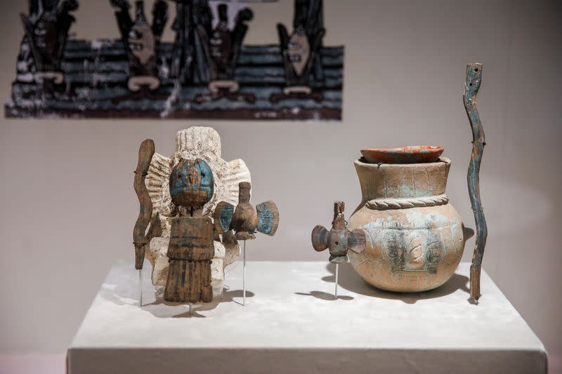 Raras piezas aztecas talladas en madera exhibidas en el Museo del Templo Mayor de la Ciudad de México. Septiembre 27, 2023. REUTERS/Raquel Cunha