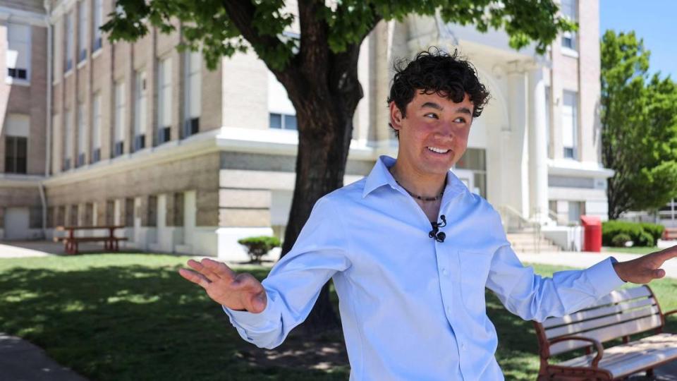 Shiva Rajbhandari, who will be a senior at Boise High this fall, announces his candidacy to become a trustee on the Boise School District’s board of trustees. Rajbhandari held a news conference in front of Boise High with his treasurer Sam Sandmire, Tuesday, June 21, 2022.