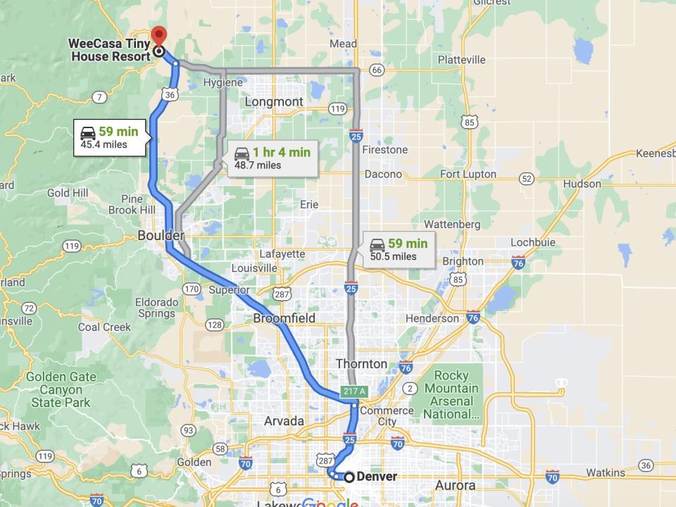 The route from Denver, Colorado, to Lyons, Colorado.