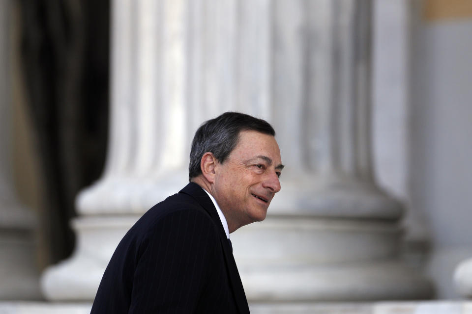 President of the European Central Bank, Mario Draghi arrives at Zappeion hall to attend a Eurogroup meeting, in Athens on Tuesday, April 1, 2014. Finance ministers from the eurozone and the wider European Union are gathering in Athens amid tight security, with Greece hoping for a gesture of support for the release of long-delayed funds from the country's multi-billion-euro bailout. (AP Photo/Kostas Tsironis)