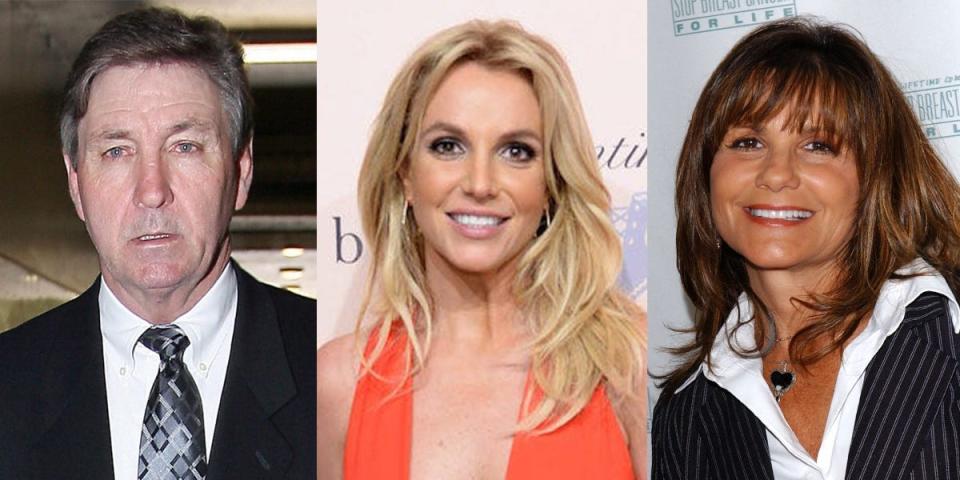 A side by side image of Jamie Spears (a white man in his 60s), Britney Spears (a 30-year-old woman with blonde hair), and Lynne Spears (a woman in her 50s with brown hair).