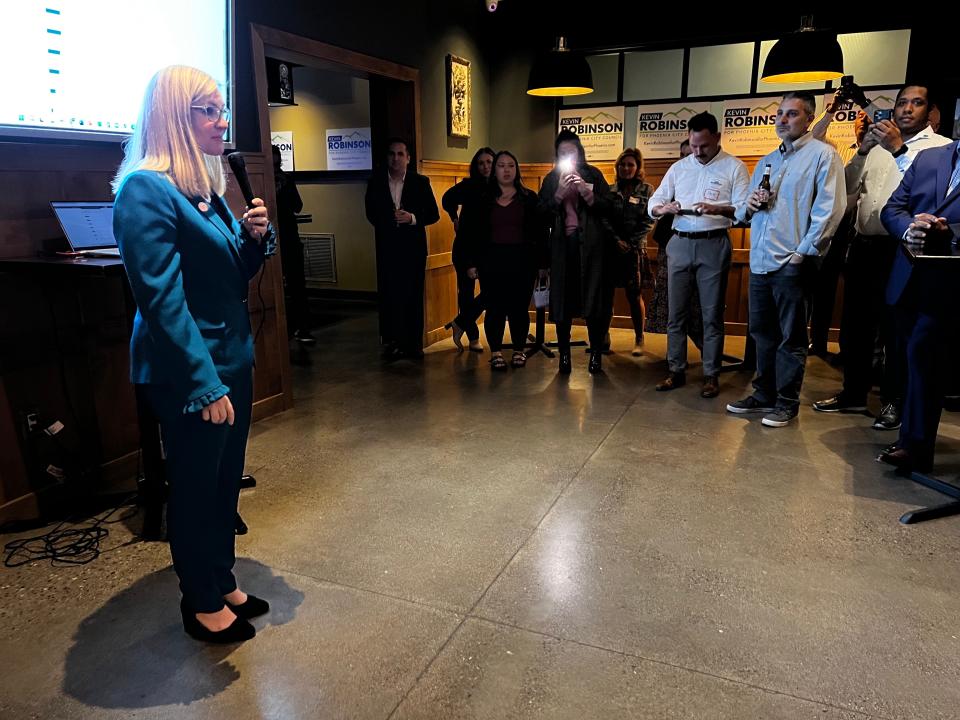 Phoenix Mayor Kate Gallego celebrated Kevin Robinson's lead in the District 6 race to replace termed-out Councilman Sal DiCiccio at a watch party in Phoenix Nov. 8.
