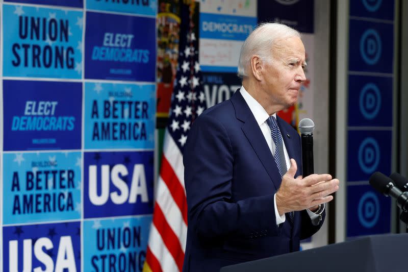 FILE PHOTO: U.S. President Joe Biden delivers remarks at the Democratic National Committee Headquarters