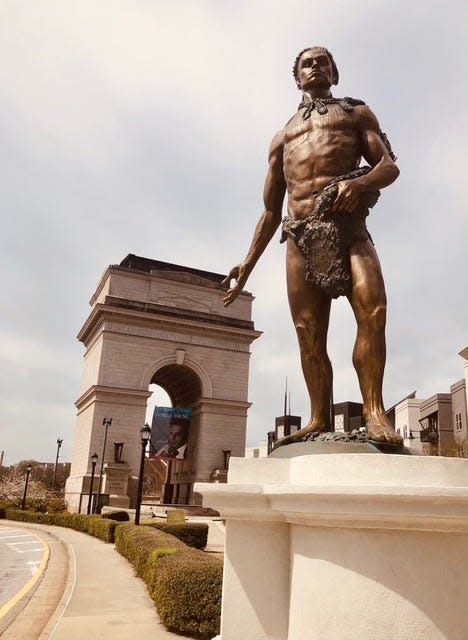 A statue that attempts to depict Chief Tomochichi stands outside the Millennium Gate Museum in Atlanta.