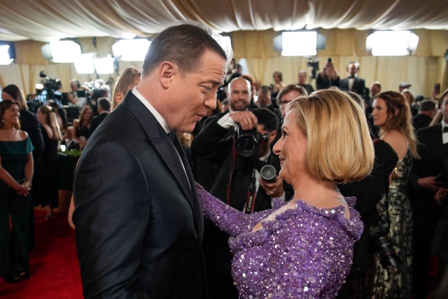 Brendan Fraser, left, and Marlee Matlin arrive at the Oscars on Sunday, March 10, 2024, at the Dolby Theatre in Los Angeles. (AP Photo/John Locher)