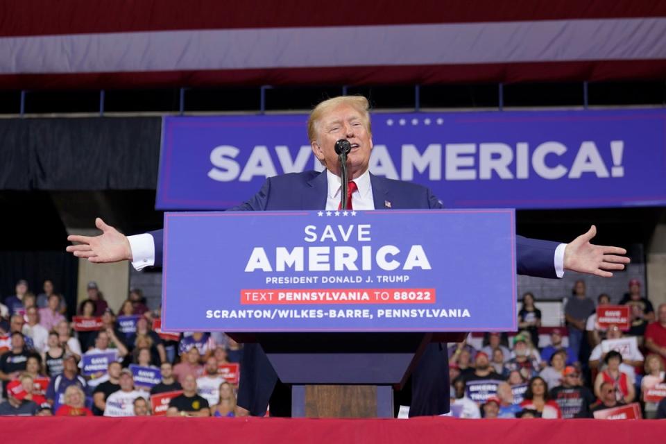 Donald Trump appears at a rally in Wilkes-Barre, Pennsylvania on 3 September. (AP)