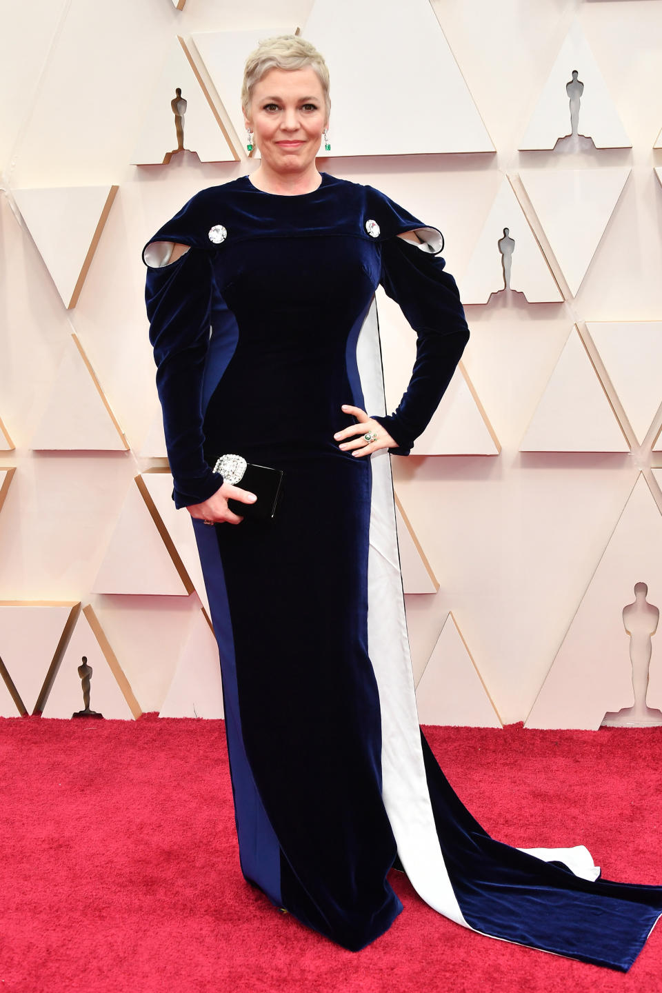 Last year's Best Actress winner kept warm in a sleeved Stella McCartney gown with structured shoulder detailing.