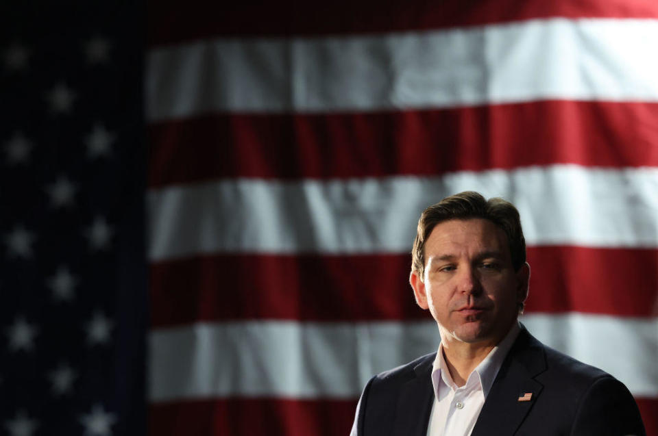  Republican presidential candidate Florida Gov. Ron DeSantis speaks at a campaign event at The Grass Wagon on January 13, 2024 in Council Bluffs, Iowa.  / Credit: Kevin Dietsch / Getty Images