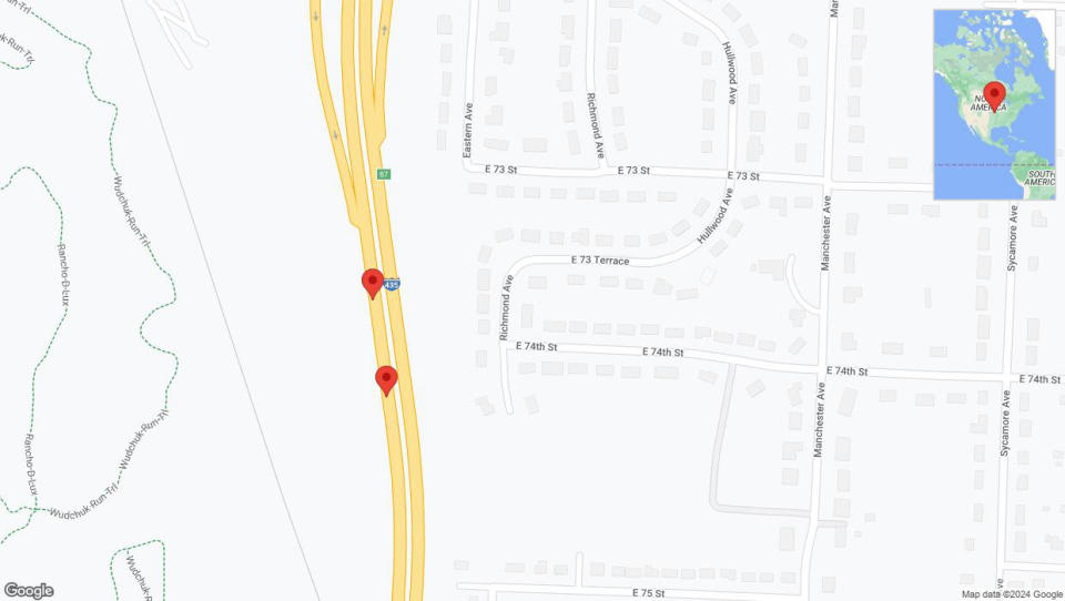 A detailed map that shows the affected road due to 'Broken down vehicle on southbound I-435 in Kansas City' on July 15th at 5:39 p.m.