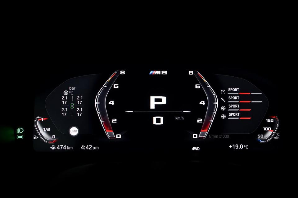<p>Also new is an M mode button, which adjusts the M8's driver-assist systems and the displays of the digital gauge cluster and the head-up display.</p>