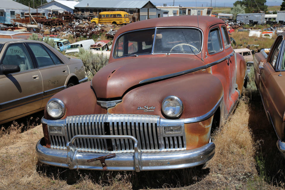 <p>When it left the factory this 1948 DeSoto Custom four-door sedan was finished in Butterfly Blue, but there’s not much evidence of that color left. What we do have though is a very solid and complete restoration project.</p><p>The car’s inline six-cylinder motor still runs, and the optional semi-automatic Fluid Drive (with Tip-Toe shift) transmission is working. Admittedly the exterior has one or two battle scars, and there’s a smashed window, but other than a missing center grille piece and hood ornament it’s complete. </p><p>It’s a similar story inside, where just a sun visor, gear-shift knob and radio buttons are missing. It could be yours for $4500.</p>