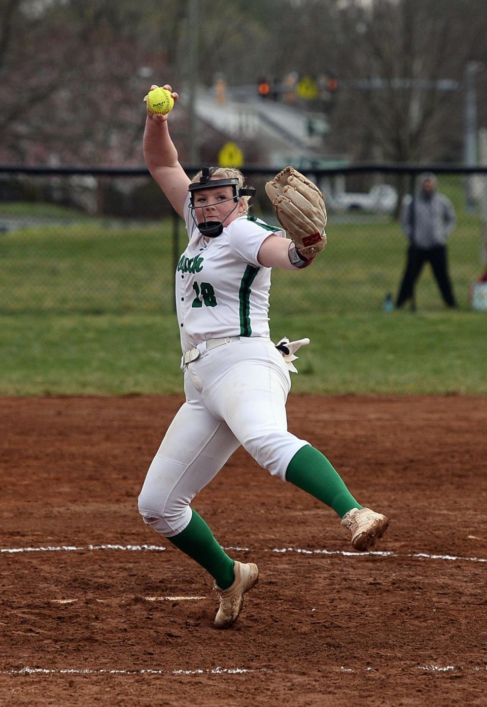 South Hagerstown senior Madi Wade, shown earlier this season against North Hagerstown, pitched a five-inning perfect game with 10 strikeouts against Smithsburg.