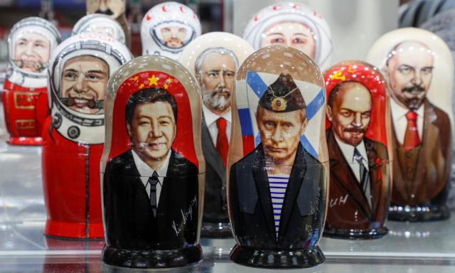 Matryoshka dolls of Xi Jinping and Vladimir Putin on sale in a Moscow souvenir shop 
