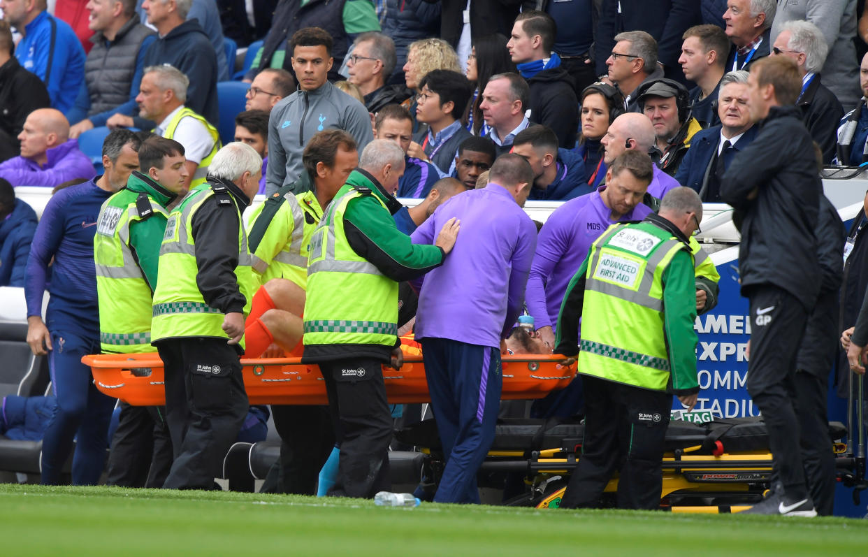 Tottenham Hotspur goalkeeper Hugo Lloris had to be removed from the field after injuring his arm Saturday against Brighton. (Toby Melville/Reuters)