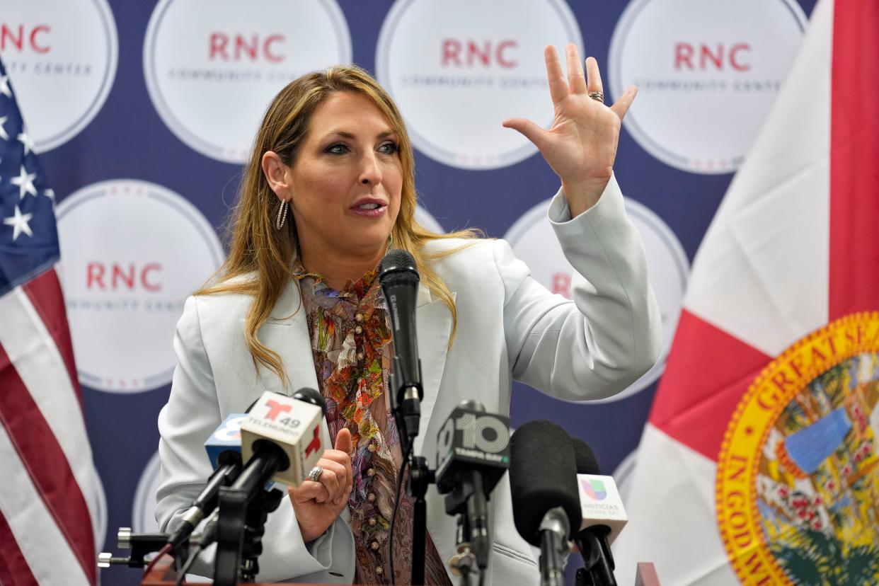 Republican National Committee chairman Ronna McDaniel speaks during a Get Out To Vote rally on Oct. 18, 2022, in Tampa, Fla.