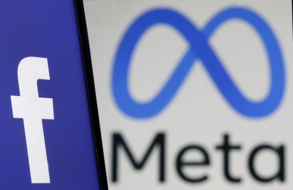 In this photo illustration, the Facebook logo is displayed on the screen of an iPhone in front of a Meta logo on February 03, 2022 in Paris, France. Share prices for Facebook's parent company, Meta, slumped in after-hours trading after the company reported that social network's daily active users declined to 1.929 billion in Q4 of 2021 from 1.930 billion in the previous quarter. Facebook is losing users for the first time in its history, Mark Zuckerberg's company has seen its profits decline, and the transition to the metaverse promises to be chaotic. (Photo illustration by Chesnot/Getty Images)