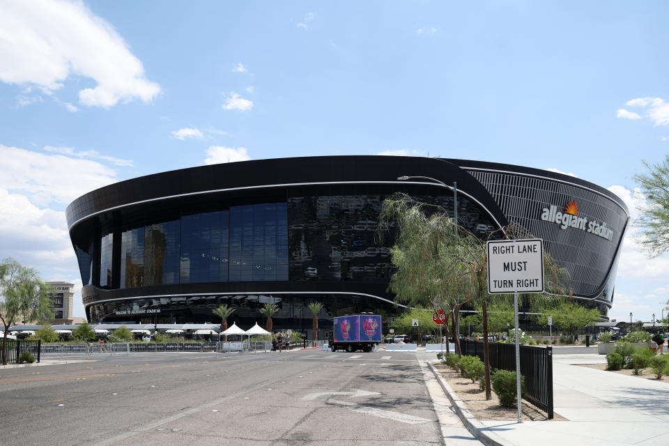 LAS VEGAS, NEVADA - JUNE 15: A general exterior view of The Allegiant Stadium in Paradise, Las Vegas home of the Las Vegas Raiders  during the CONCACAF Nations League Semi Final between Panama and Canada at Allegiant Stadium on June 15, 2023 in Las Vegas, Nevada.(Photo by Matthew Ashton - AMA/Getty Images)