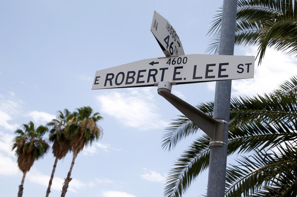 Phoenix officials are set to begin the process of changing the names of two streets, voting to rename Squaw Peak Drive and Robert E. Lee Street, shown here on Thursday, July 2, 2020, in Phoenix. (AP Photo/Ross D. Franklin)