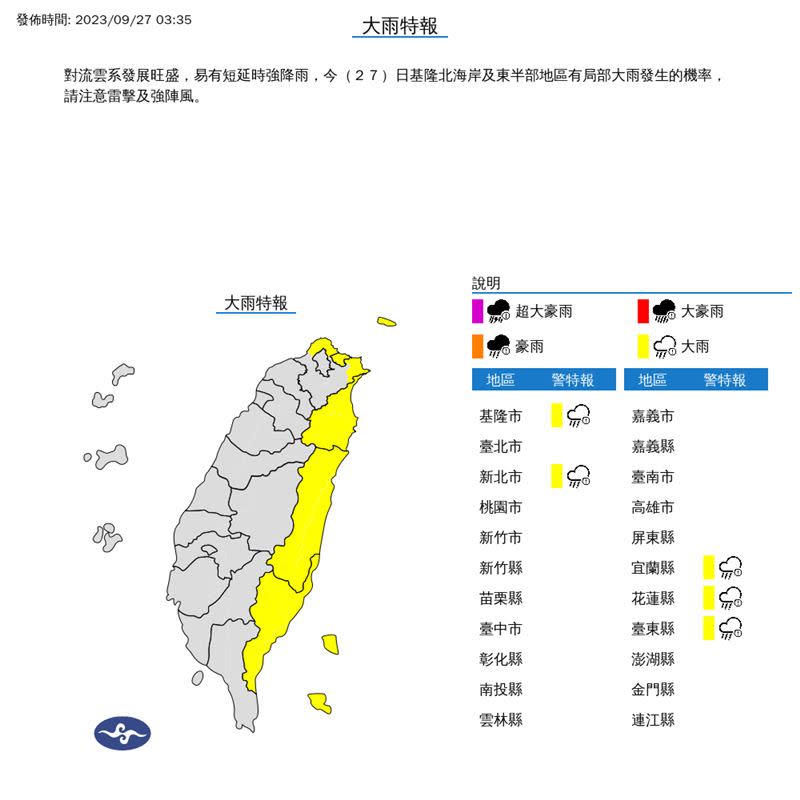 中央氣象署03:35發布大雨特報。（圖／翻攝自中央氣象署）