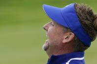 Team Europe's Ian Poulter laughs on the 11th hole during a practice day at the Ryder Cup at the Whistling Straits Golf Course Tuesday, Sept. 21, 2021, in Sheboygan, Wis. (AP Photo/Jeff Roberson)