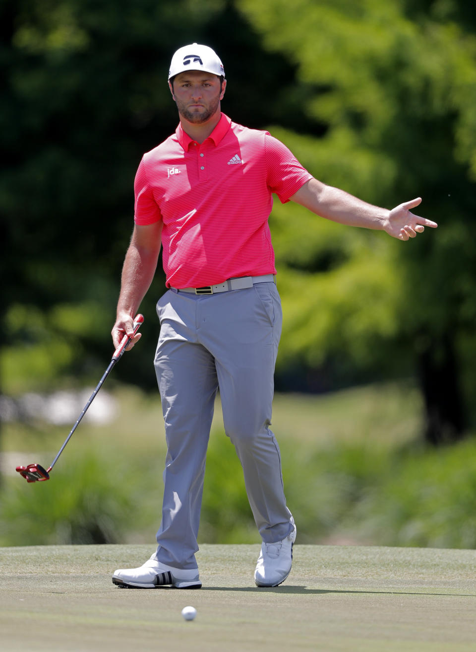 Jon Rahm reacts after missing a putt on the third green during the final round of the PGA Zurich Classic golf tournament at TPC Louisiana in Avondale, La., Sunday, April 28, 2019. (AP Photo/Gerald Herbert)