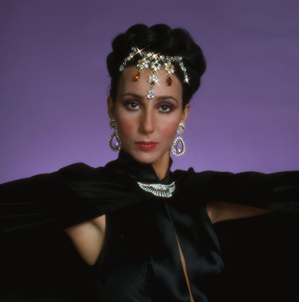 (Original Caption) 1975-New York, NY: Head and shoulder shot of Cher Bono, in costume and jewelry from 'The Sonny and Cher Comedy Hour.' Undated TV handout.