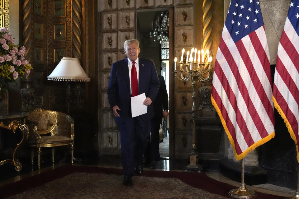 Republican presidential candidate former President Donald Trump arrives to speak at a news conference with Speaker of the House Mike Johnson, R-La., Friday, April 12, 2024, at Mar-a-Lago in Palm Beach, Fla. (AP Photo/Wilfredo Lee)