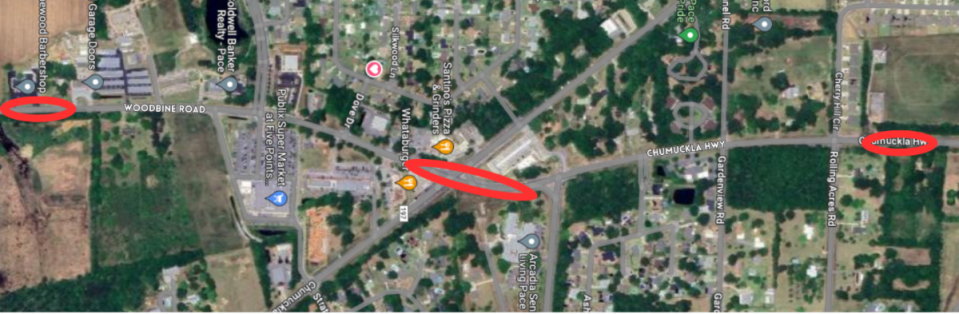 The three sections affected by lane closures are marked with red ovals. (Graphic courtesy of Santa Rosa County)