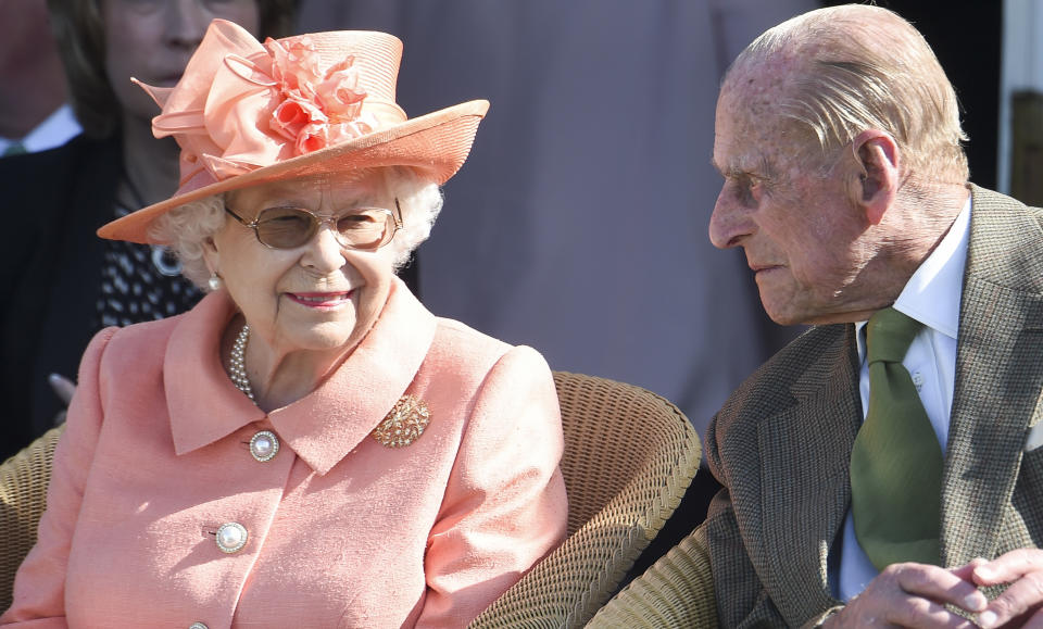 EGHAM, ENGLAND - JUNE 24: Queen Elizabeth II and Prince Philip, Duke of Edinburgh attend The OUT-SOURCING Inc Royal Windsor Cup 2018 polo match at Guards Polo Club on June 24, 2018 in Egham, England. (Photo by Antony Jones/Getty Images)