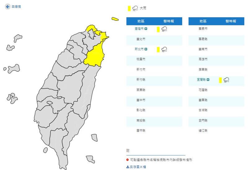 3縣市大雨特報。（圖／翻攝自中央氣象局）