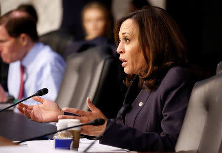 Senator Kamal Harris (D-CA) questions witnesses before the Senate Judiciary Committee during a hearing about legislative proposals to improve school safety in the wake of the mass shooting at the high school in Parkland, Florida, on Capitol Hill in Washington, U.S., March 14, 2018. REUTERS/Joshua Roberts