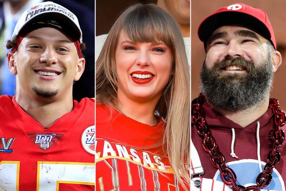 <p>Andy Lyons/Getty; David Eulitt/Getty; Brian Garfinkel/MLB Photos via Getty</p> Patrick Mahomes, Taylor Swift and Jason Kelce