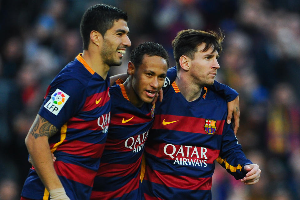 Los tres atacantes del Barcelona, la temible MSN.