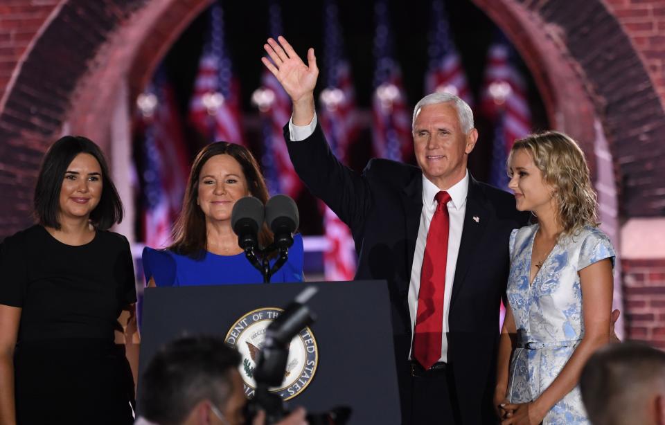 Audrey Pence, Second Lady Karen Pence, US Vice President Mike Pence and Charlotte Pence Bond stand on stage at the end of the third night of the Republican National Convention at Fort McHenry National Monument in Baltimore, Maryland, August 26, 2020.