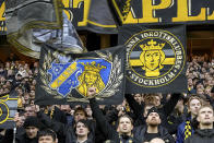 Image taken from video of AIK fans watching the AIK against Värnamo Allsvenskan soccer match at the Friends Arena in Stockholm in Stockholm on April 24, 2024.Swedish soccer has adopted an isolationist stance in eschewing technology to retain a pure version of the beautiful game. Sweden is the only one of Europe's top-30 ranked leagues yet to have rolled out VAR in its domestic competitions. (AP Photo/Chisato Tanaka)