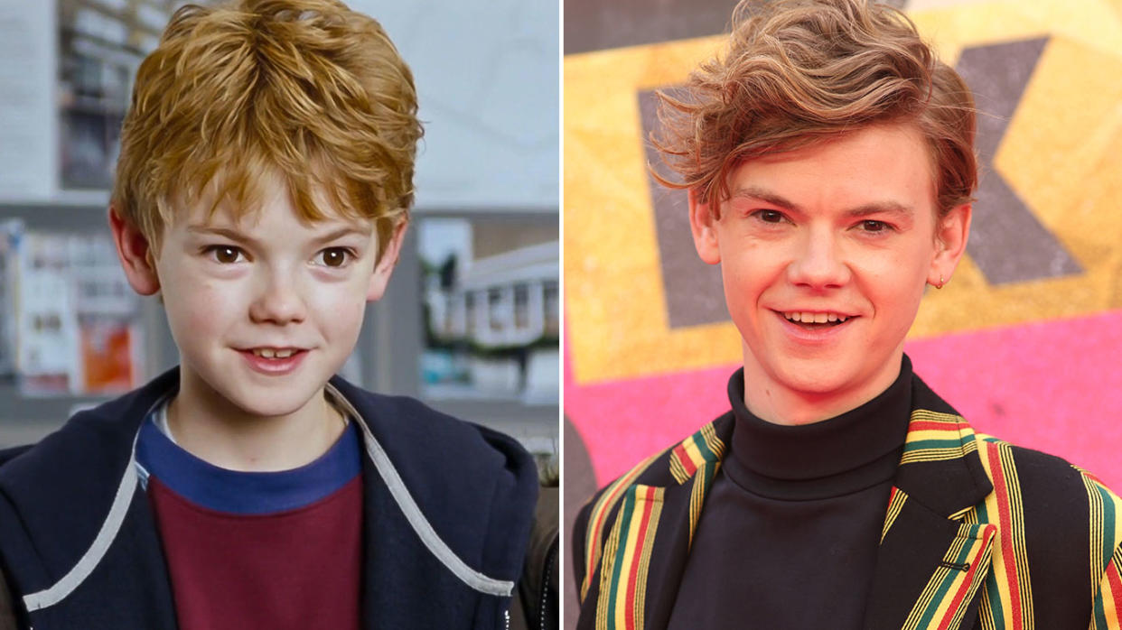 Thomas Brodie-Sangster pictured in 2003's Love Actually and at the 2022 premiere of Pistol. (Alamy/Getty)