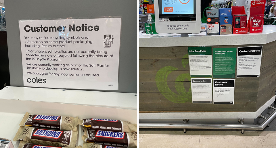 Left - Coles consumer notice about the collapse of REDcycle. Right - A front counter at Woolworths with numerous signs.