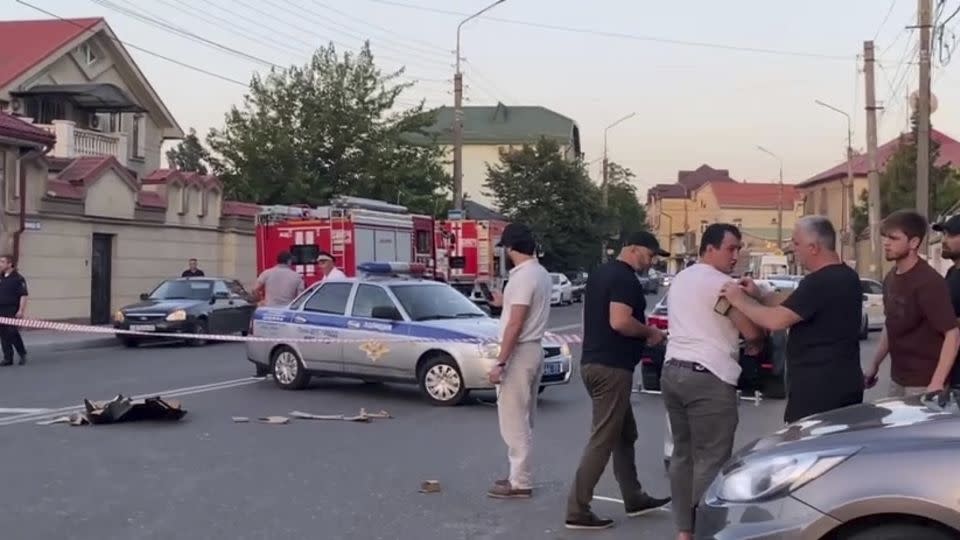 The aftermath of an attack in Makhachkala, Republic of Dagestan, Russia is seen in a video screengrab. - Sputnik/AP