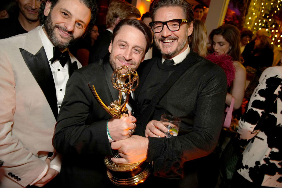 Arian Moayed, Kieran Culkin and Pedro Pascal attend the HBO & Max Post Emmys Reception at San Vicente Bungalows on January 15, 2024 in West Hollywood, California. (Jeff Kravitz / FilmMagic)