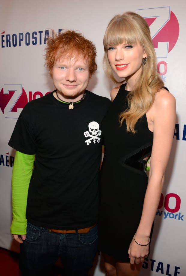 <p> Taylor Swift and pal <strong><a href="https://parade.com/celebrities/ed-sheeran-net-worth" rel="nofollow noopener" target="_blank" data-ylk="slk:Ed Sheeran;elm:context_link;itc:0;sec:content-canvas" class="link ">Ed Sheeran</a></strong> pose for a photo at Z100's Jingle Ball on Dec. 7, 2012. They've collaborated on several songs together, including "Everything Has Changed" and "Endgame."</p><p>Kevin Mazur/Getty Images for Jingle Ball 2012</p>