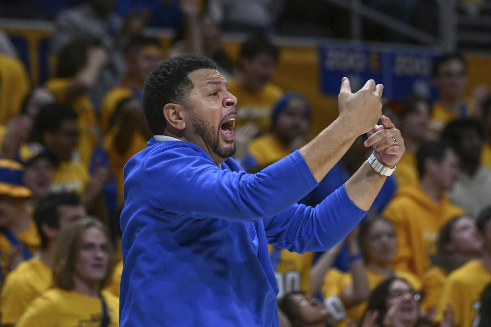 Pittsburgh head coach Jeff Capel reacts against Clemson during the second half of an NCAA college basketball game, Sunday, Dec. 3, 2023, in Pittsburgh, Pa. (AP Photo/Barry Reeger)