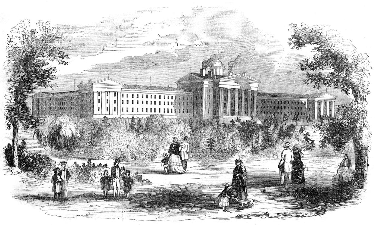 Here is the old Utica State Hospital in the 19th century (when it was called the State Lunatic Asylum). The portico in front is supported by six fluted columns, built of blocks of hewn limestone, eight feet in diameter at the base and 48 feet high. That section still stands today.