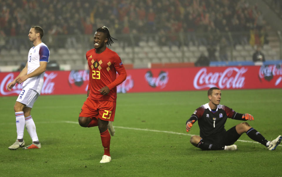 Belgium's Michy Batshuayi, center, after scoring his sides second goal during the UEFA Nations League soccer match between Belgium and Iceland at the King Baudouin stadium in Brussels, Thursday, Nov. 15, 2018. (AP Photo/Francisco Seco)