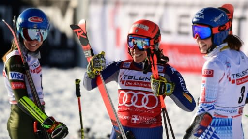 Razor edge: (From L) Mikaela Shiffrin finished just 0.01 behind joint winners Federica Brignone and Petra Vlhova in Sestriere