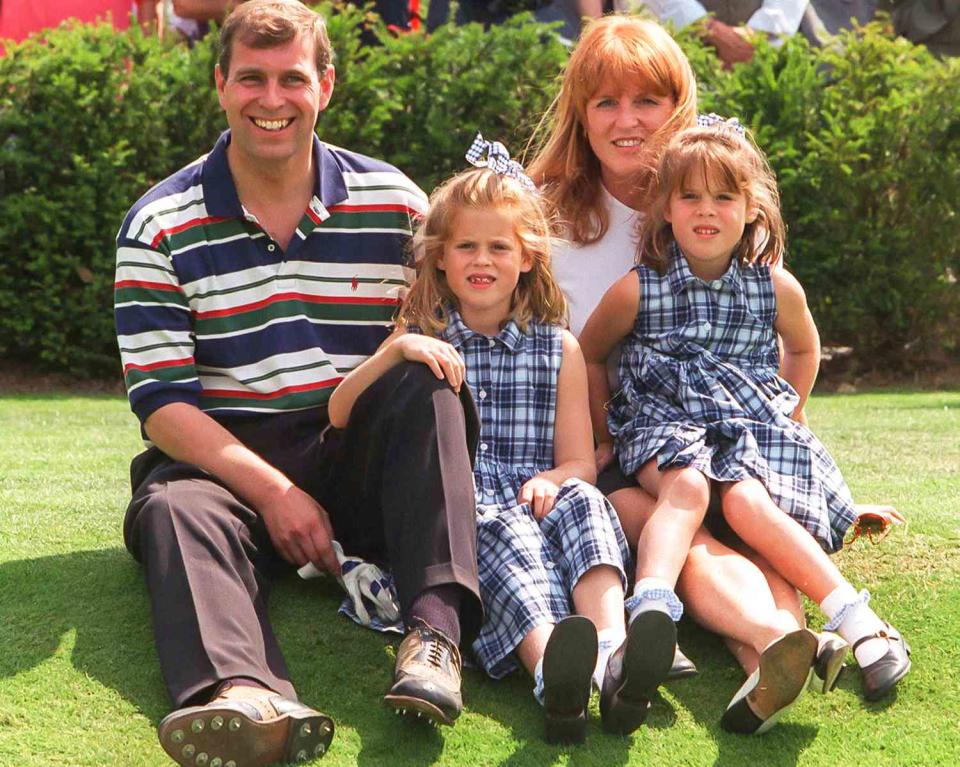 Prince Andrew,The Duke of York and Sarah, The Duchess of York, with daughters, Princess Beatrice, and Princess Eugenie attend the Charity Golf Tournament, at Wentworth Golf Club, on August 5, 1996 in Wentworth, England