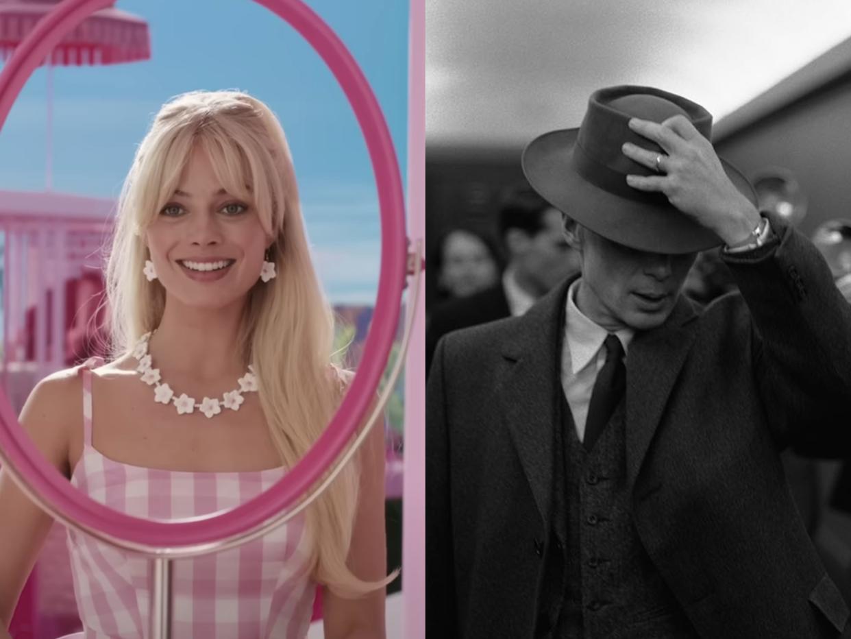 A split image of stills from the “Barbie” and “Oppenheimer” movies.