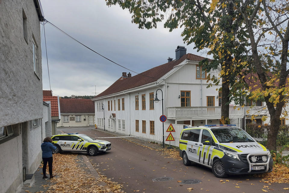 Police cordon off one of the sites where a man killed several people on Wednesday afternoon, in Kongsberg, Norway, Thursday, Oct. 14, 2021. The bow-and-arrow rampage by a man who killed five people in a small town near Norway's capital appeared to be a terrorist act, authorities said Thursday, a bizarre and shocking attack in a Scandinavian country where violent crime is rare. Police identified the attacker as Espen Andersen Braathen, a 37-year-old Danish citizen, who was arrested on the street Wednesday night. (AP Photo/Pal Nordseth)
