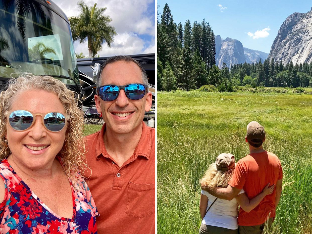 Left: A selfie of Marc and Julie in sunglasses with RVs and a palm tree behind them. Cloudy skies. Right: Juli and Marc have a side hug while looking onto a field leading to big rocks and trees in Yosemite.