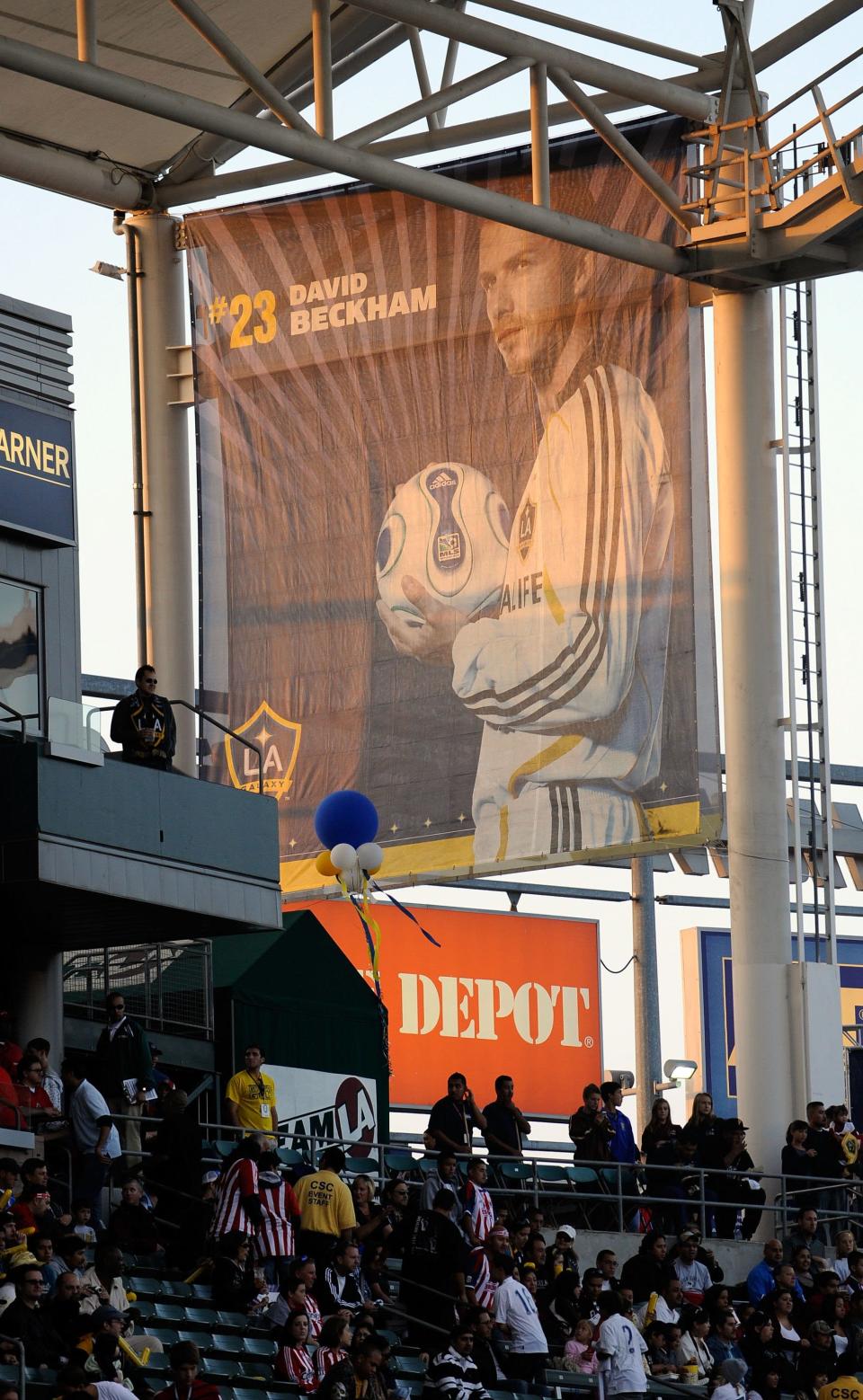 CARSON, CA - NOVEMBER 08: A banner of David Beckham #23 of the Los Angeles Galaxy is seen at The Home Depot Center prior to Game 2 of the MLS Western Conference Semifinals match on November 8, 2009 in Carson, California. The Galaxy defeated Chivas USA, 1-0, to advance to the MLS Western Conference Finals. (Photo by Kevork Djansezian/Getty Images)